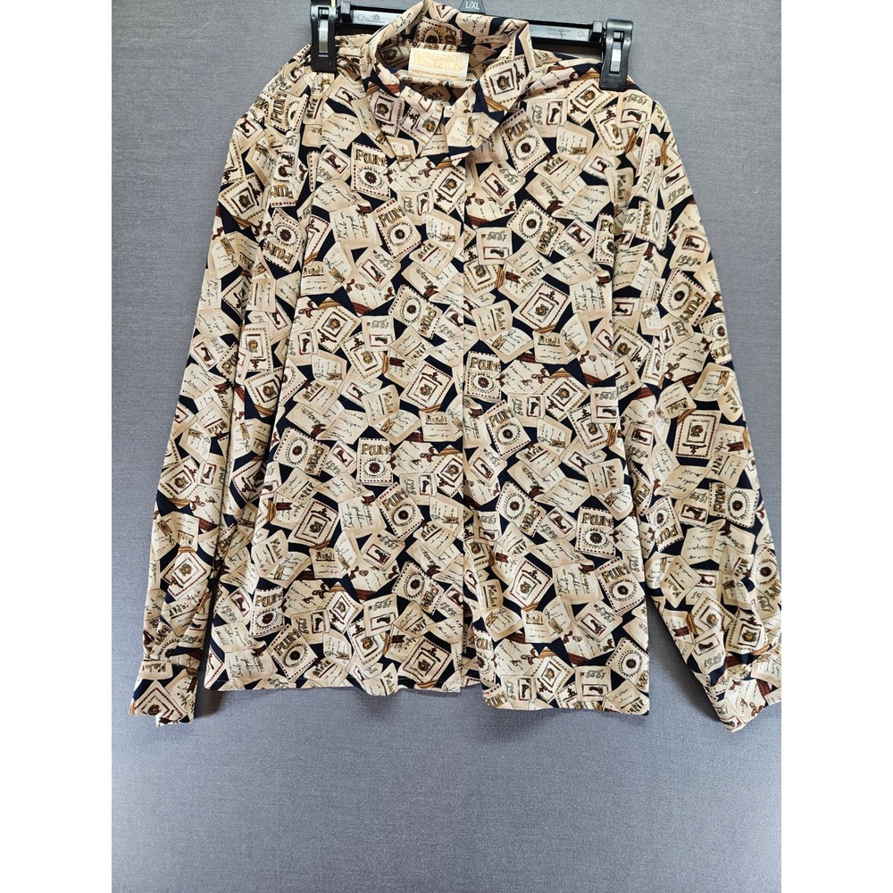 Sophisticates by Pendleton Vintage Perfume Label Print Blouse Tan Navy Sz 10